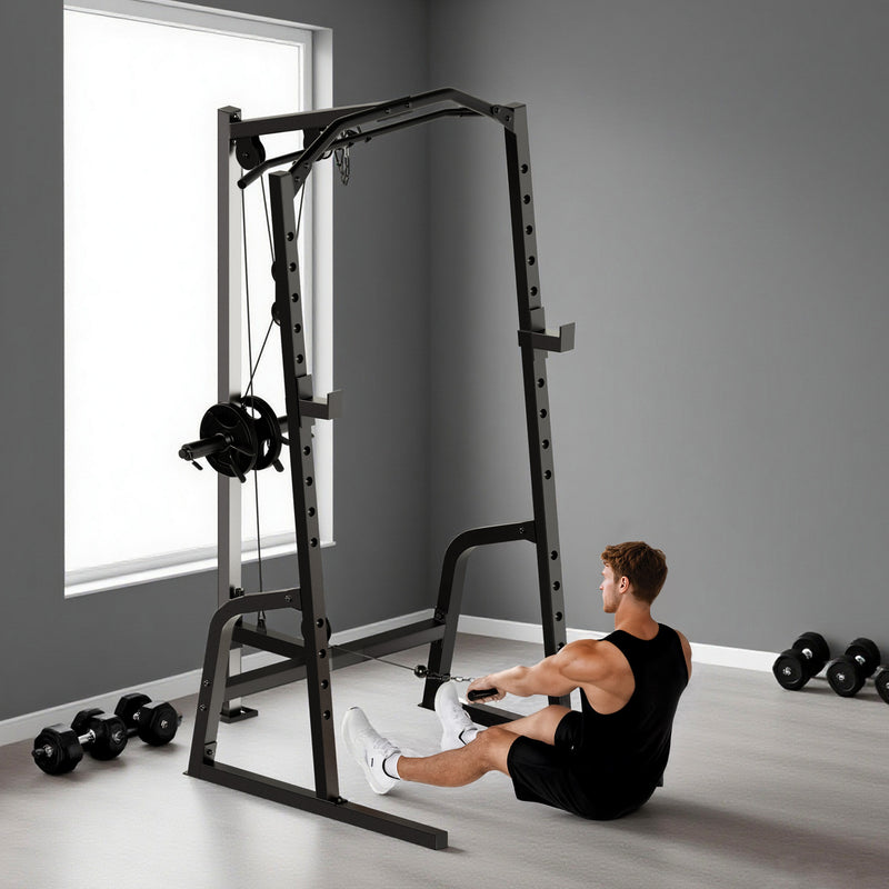 Home Gym Power Cage with 15 Level Squat Rack and Pulley System for Strength Training Black AOSOM