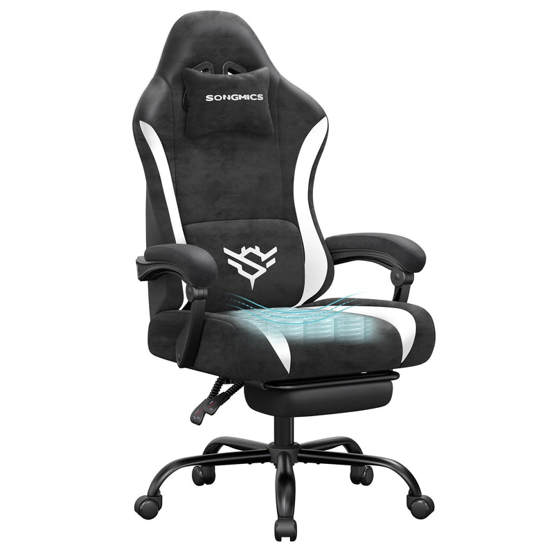 Ink Black and Cloud White suede gaming chair with footrest, studio shot