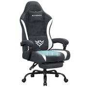 Dark Carbon Grey and Cloud White suede gaming chair with footrest, studio shot