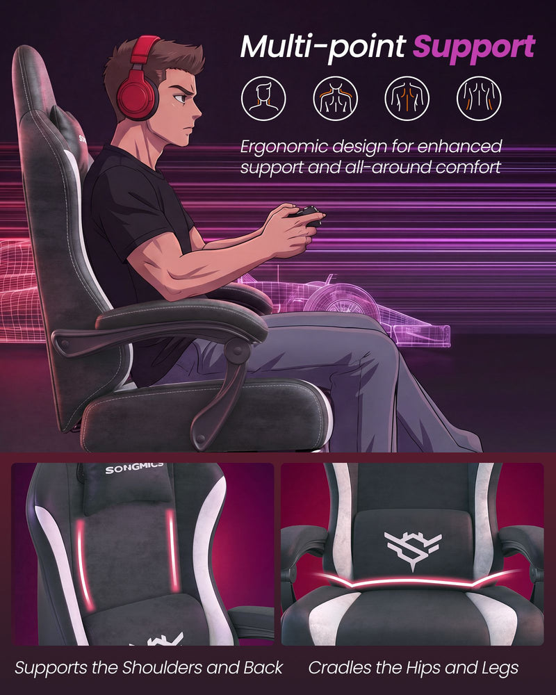 Diagram showing multi-point ergonomic support at the shoulders, back, hips and legs
