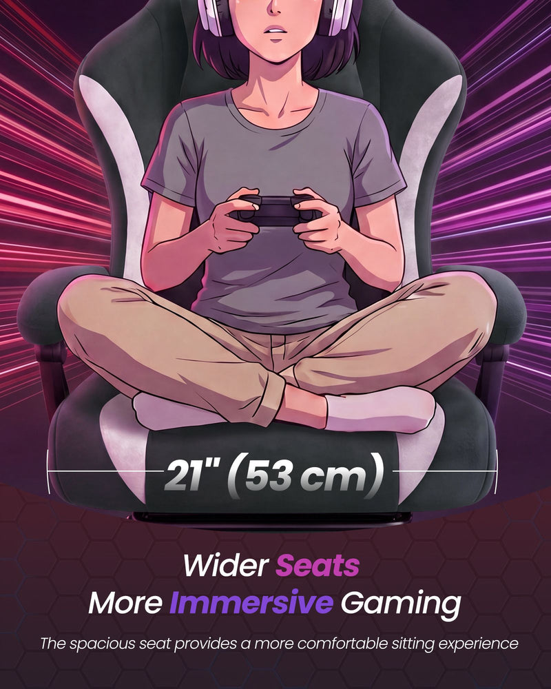 Close-up of the 53 cm wide seat cushion on the gaming chair