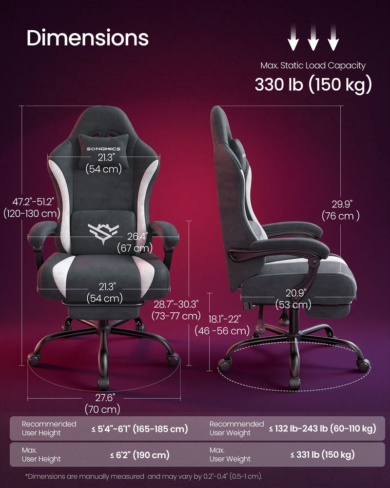 Dimensions diagram showing the gaming chair's width, depth, height and load capacity