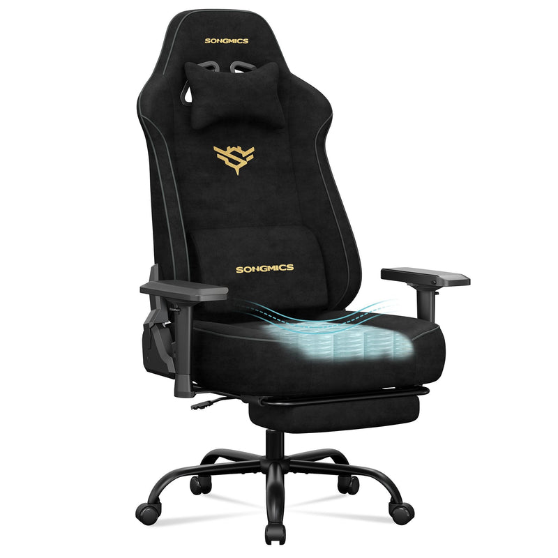 Ink Black suede ergonomic gaming chair with footrest, studio shot