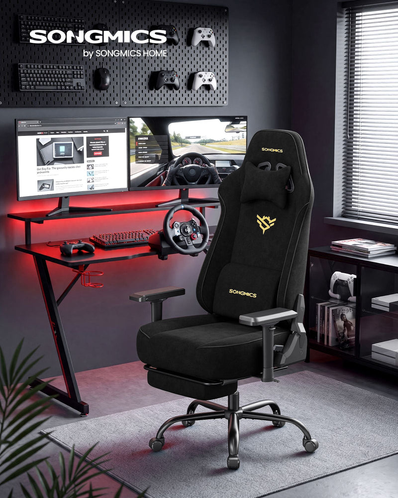 Ink Black gaming chair reclined with footrest extended