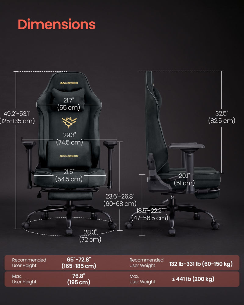 Dimensions diagram showing the gaming chair's width, depth, height and load capacity