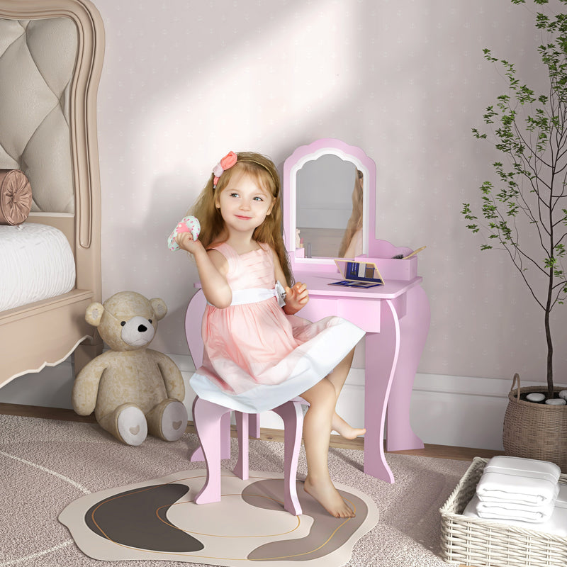Kids Vanity Table Set with Mirror Stool and Storage for Ages 3 to 6 Years, Pink