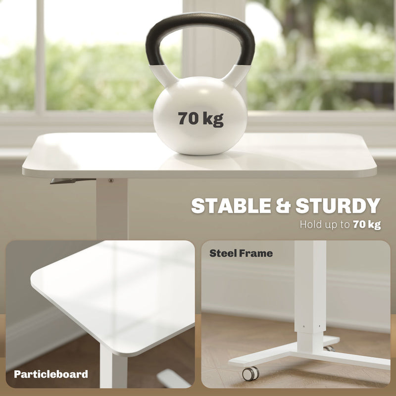 Height Adjustable Mobile Standing Desk With Wheels For Home Office Or Bed Use, White