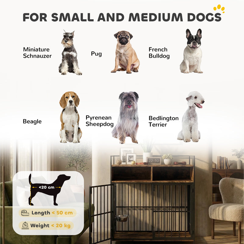 Dog Crate Side Table with Rotating Feeding Station for Medium Dogs Rustic Brown Black AOSOM