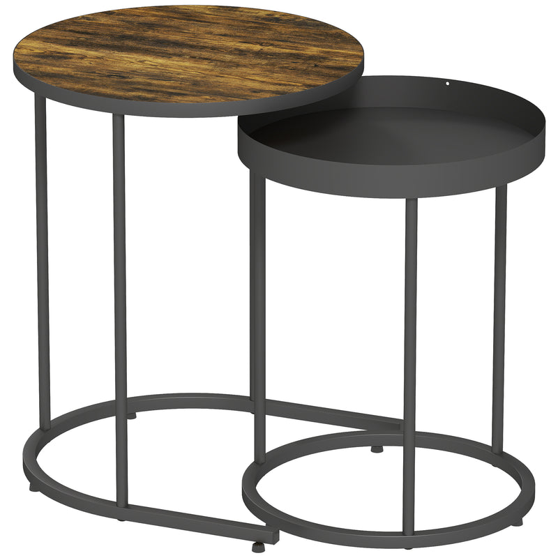 Set of 2 Round Nesting Side Tables with Space Saving Design for Living Room Rustic Brown