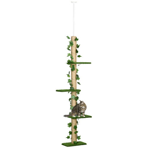 Adjustable Floor To Ceiling Cat Tree With Perches Anti Slip Base And Faux Plants Green