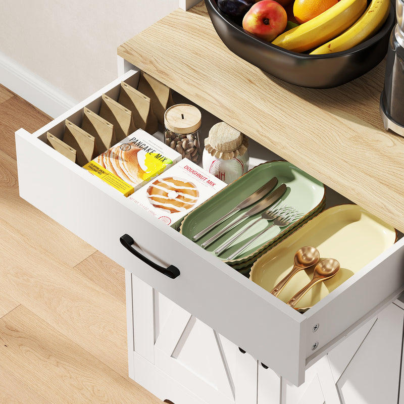 Kitchen Storage Cabinet with Adjustable Shelves and Barn Doors for Organised Cooking Natural Wood White AOSOM