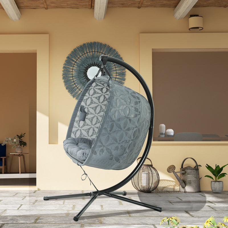Double Hanging Egg Chair with Stand Comfy Cushion and Cup Holders Charcoal Grey by Outsunny