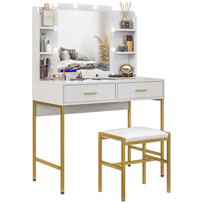 LED Makeup Vanity Table Set with Mirror Drawers and Stool for Bedroom Storage White