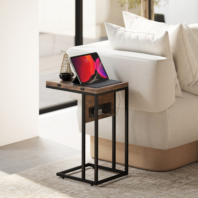 C Shaped Side Table with Foldable Top and USB Charging Station Ideal for Small Spaces Rustic Brown
