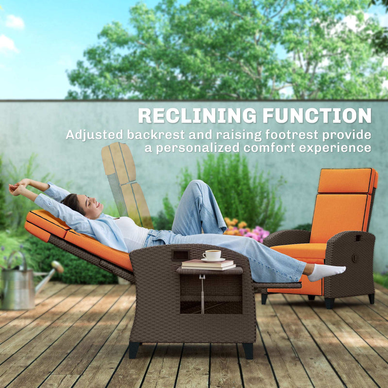 Garden Recliner Chair with Adjustable Backrest and Side Tray for Outdoor Relaxation Orange Outsunny