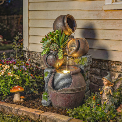 Garden Water Fountain with Planter and LED Lights for Relaxing Outdoor Evenings Rustic Brown Outsunny