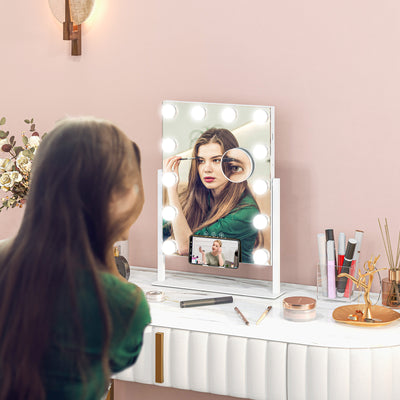 Tabletop Makeup Mirror with 12 LED Bulbs and Adjustable Light Settings for Dressing Tables, White