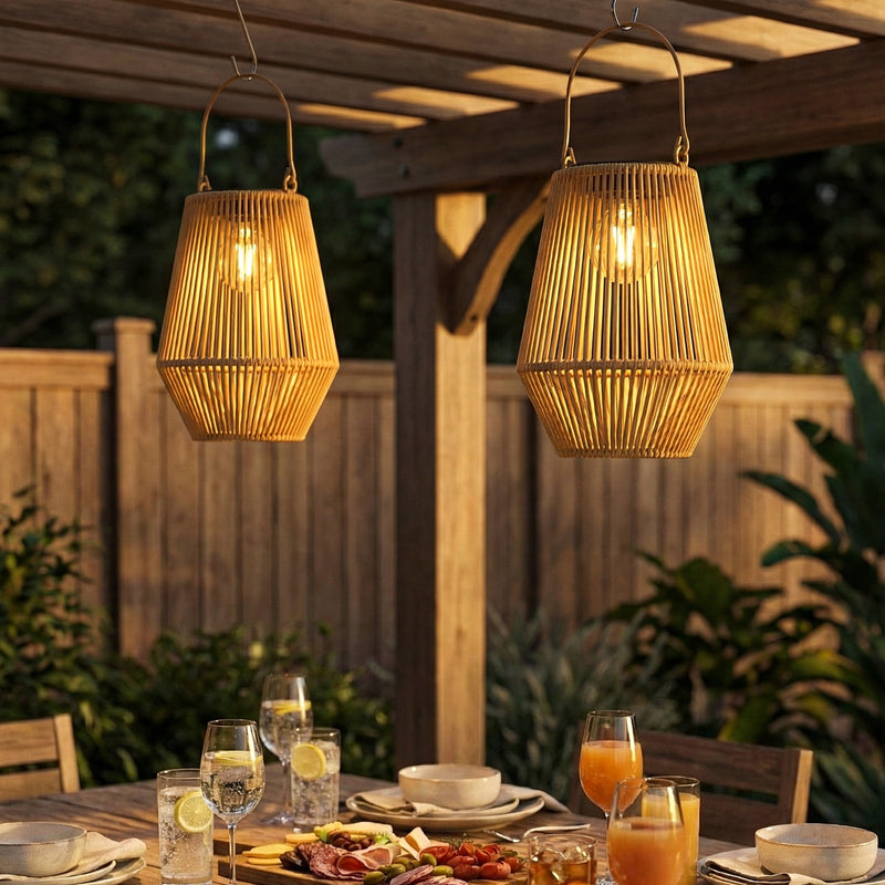 Outdoor Rattan Solar Lanterns Set of 2 for Easy Warm Garden Lighting Brown Outsunny