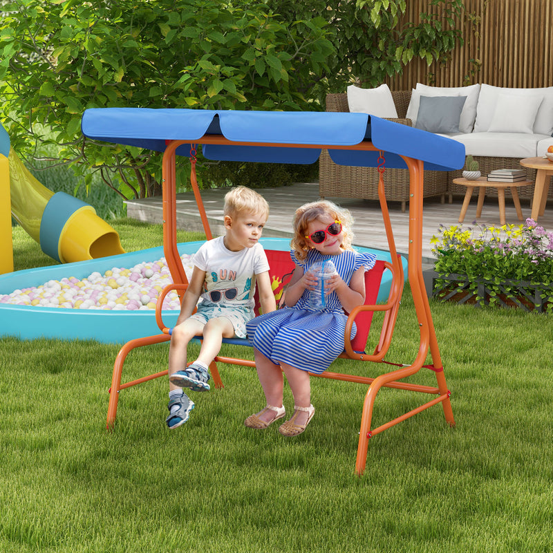 Kids Two Seater Garden Swing Chair with Canopy and Safety Harness for Outdoor Fun