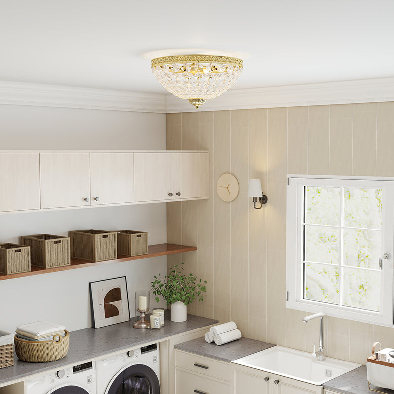 2 Light Flush Mount Crystal Chandelier with 168 Beads for Living Room or Bedroom, Gold Tone