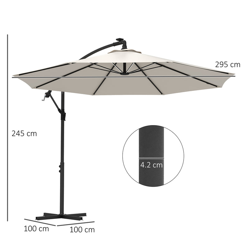 Beige 3m Cantilever Garden Parasol With Solar LED Lights For Shaded Outdoor Relaxing