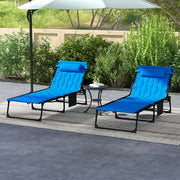 Set of 2 Blue Reclining Sun Loungers with 5 Position Backrests for Garden Relaxation