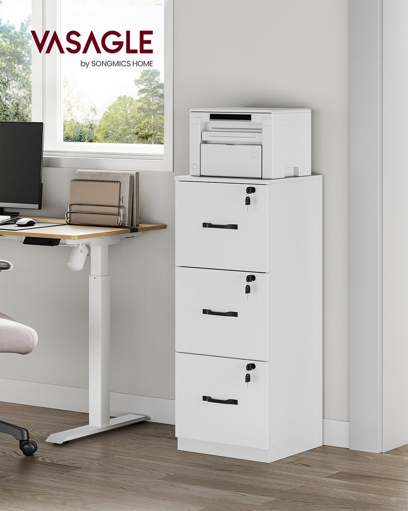 White 3 Drawer File Cabinet with Lock and Smooth Wheels for Home Office by Vasagle