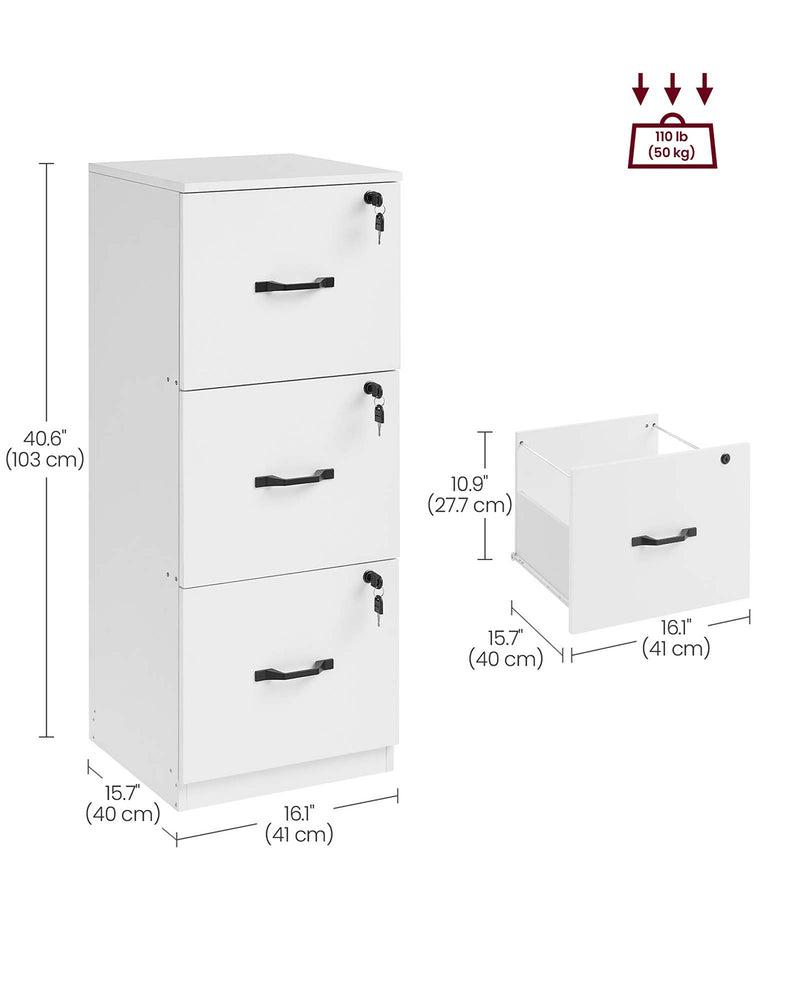 White 3 Drawer File Cabinet with Lock and Smooth Wheels for Home Office by Vasagle