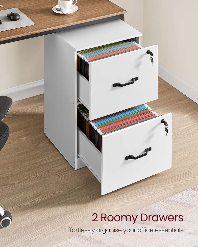 Lockable File Cabinet For Home Office - 2 Drawers With Adjustable A4 Hanging Rails - White