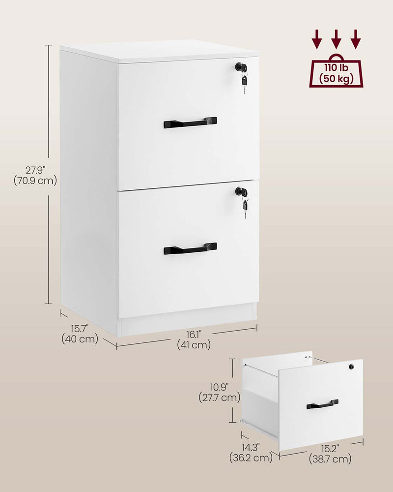 Lockable File Cabinet For Home Office - 2 Drawers With Adjustable A4 Hanging Rails - White