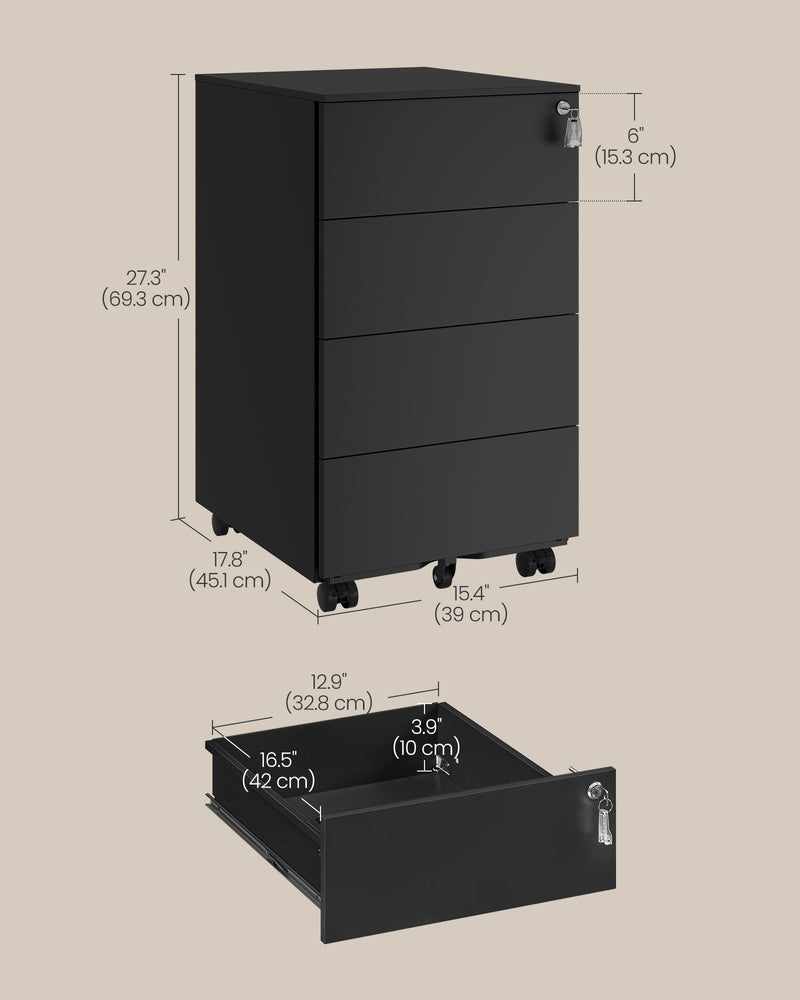 Lockable Mobile File Cabinet with 4 Drawers for Office Storage in Ink Black by Songmics