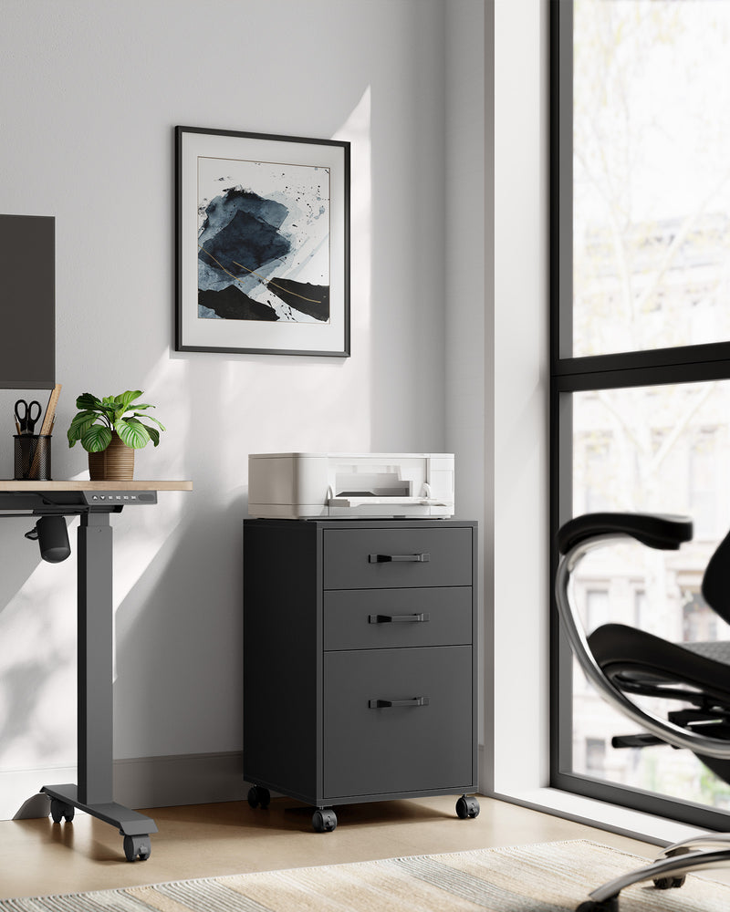 Black Rolling File Cabinet with 3 Drawers and Lockable Wheels for Office Storage by Vasagle