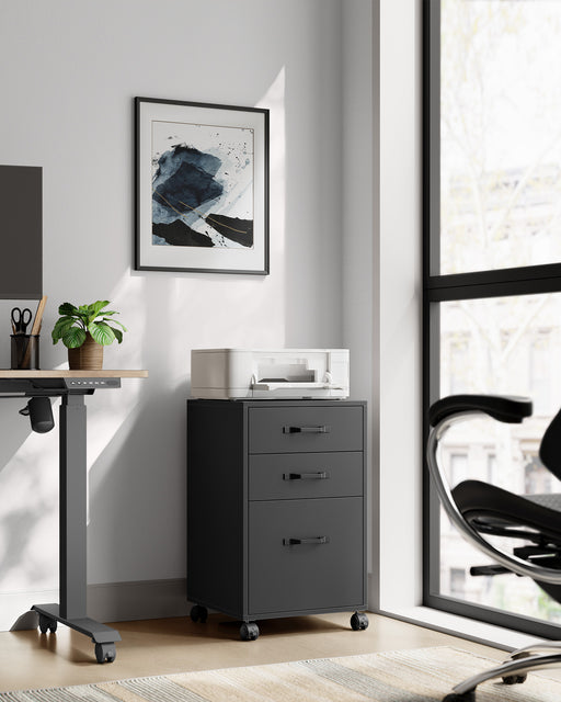 Black Rolling File Cabinet with 3 Drawers and Lockable Wheels for Office Storage by Vasagle