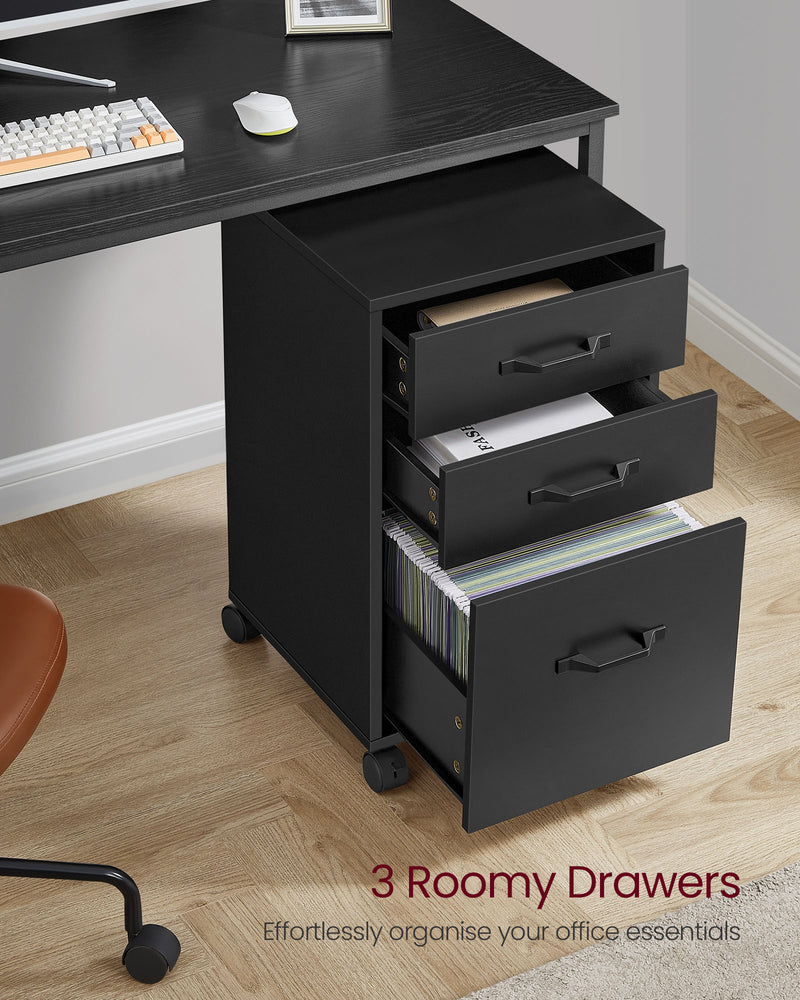 Black Rolling File Cabinet with 3 Drawers and Lockable Wheels for Office Storage by Vasagle