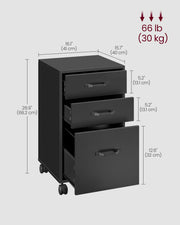 Black Rolling File Cabinet with 3 Drawers and Lockable Wheels for Office Storage by Vasagle
