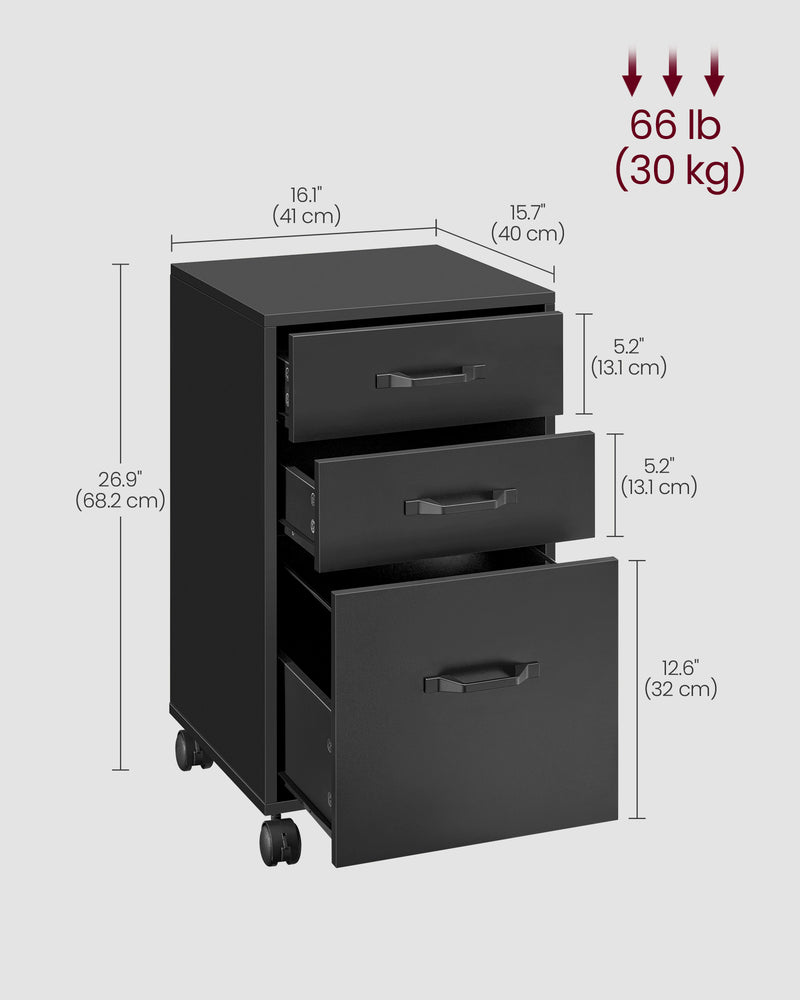 Black Rolling File Cabinet with 3 Drawers and Lockable Wheels for Office Storage by Vasagle