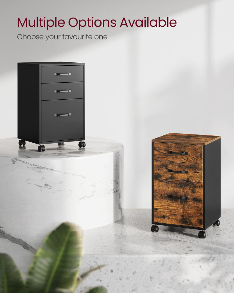 Black Rolling File Cabinet with 3 Drawers and Lockable Wheels for Office Storage by Vasagle