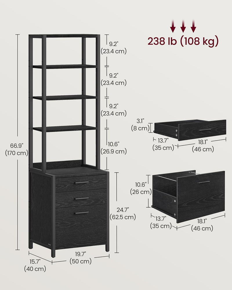 Black 3 Drawer Filing Cabinet with Adjustable Shelves for Home Office Storage by Vasagle