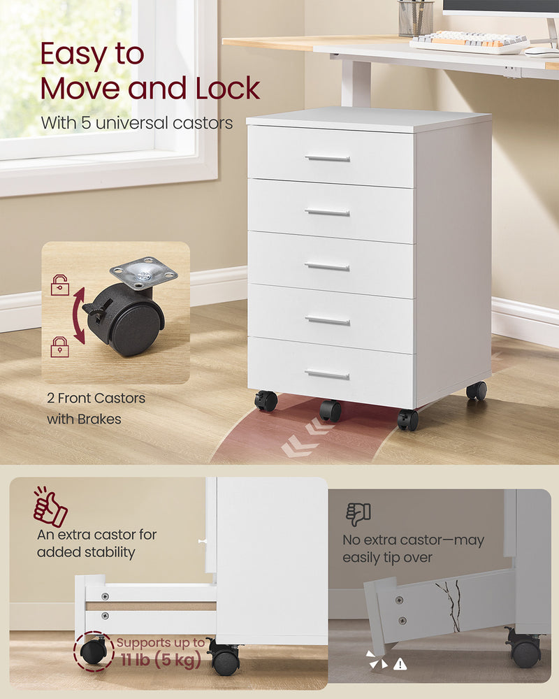 Wooden Rolling Filing Cabinet with Drawers and Lockable Wheels for Office Use by Vasagle