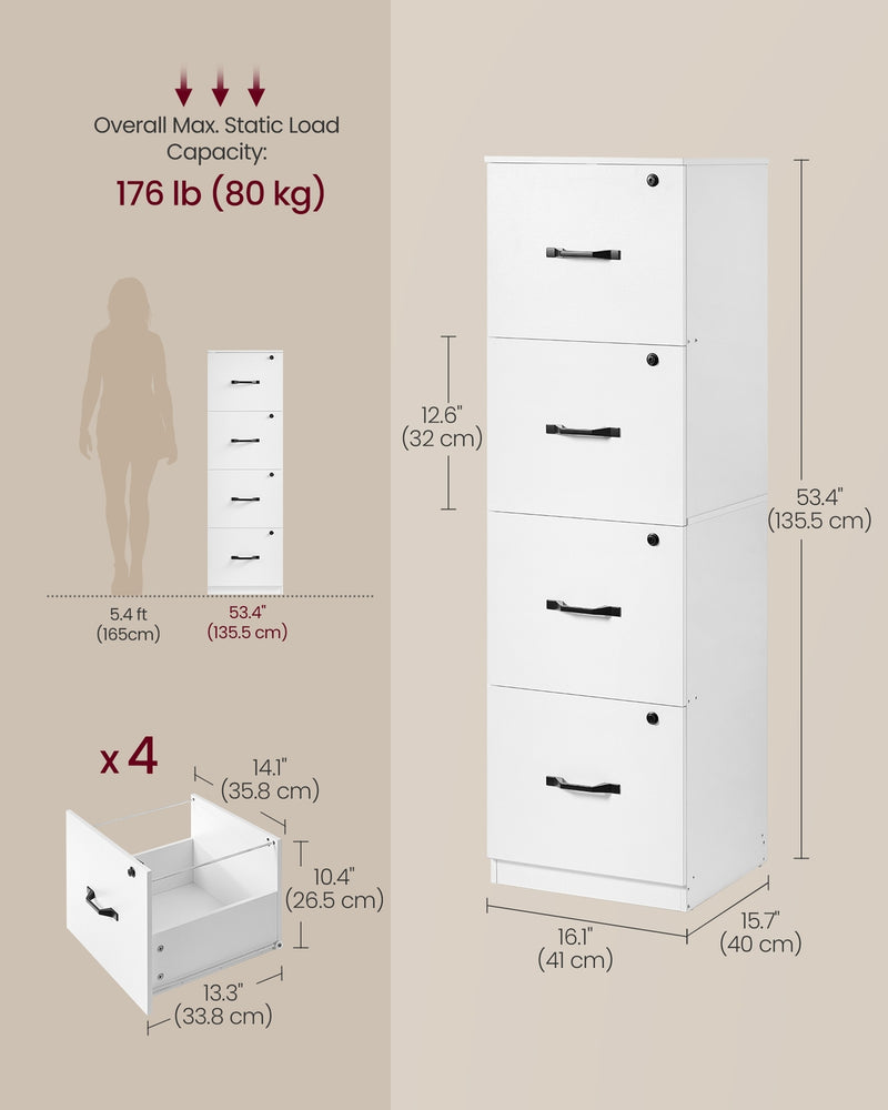 Tall Lockable Filing Cabinet For Secure Home Office Filing - White - 40x41x135cm VASAGLE