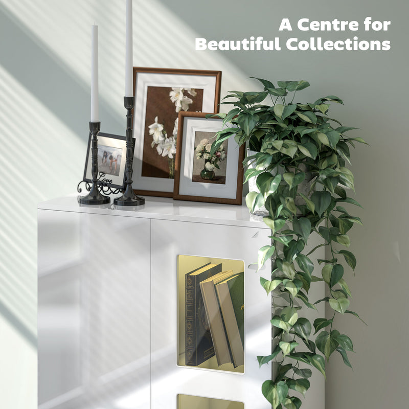 Modern High Gloss Sideboard with LED Lights and Glass Shelves for Living Room Storage, White