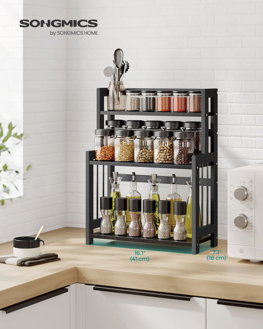 3 Tier Spice Rack Organiser with Bamboo Frame in Ebony Black for Countertops by Songmics