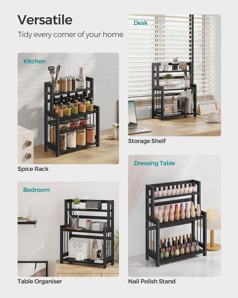 3 Tier Spice Rack Organiser with Bamboo Frame in Ebony Black for Countertops by Songmics