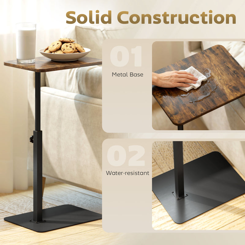 Adjustable C Shaped Side Table for Sofa or Bed with Space Saving Design Rustic Brown