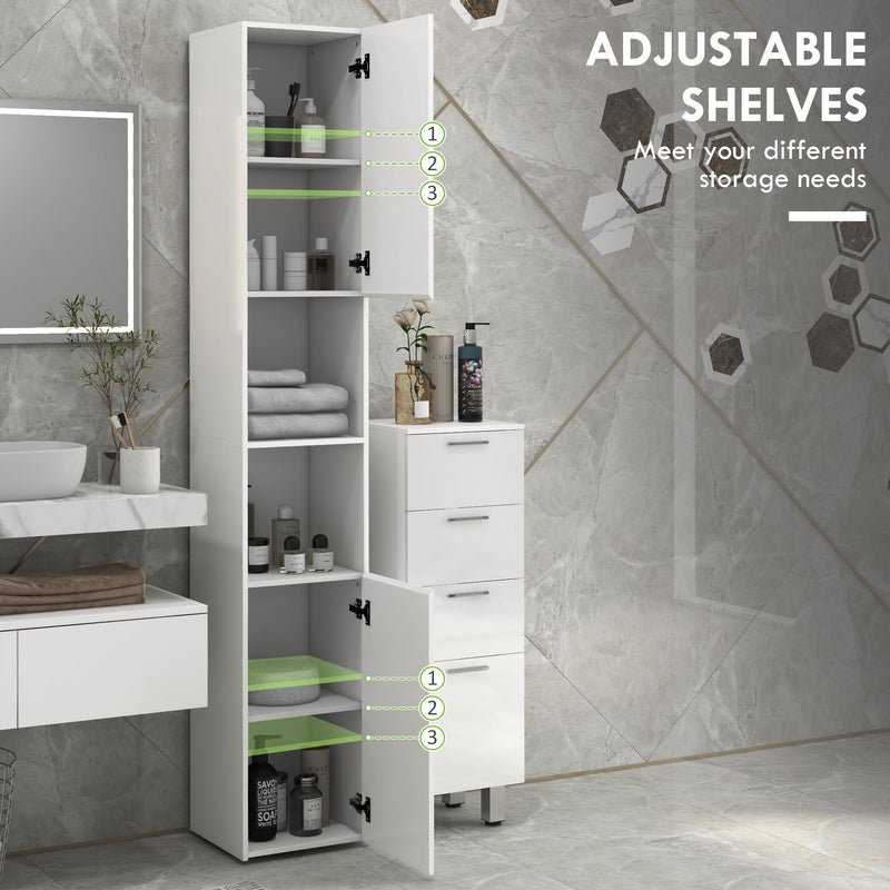 Tall Slim White High Gloss Bathroom Cabinet with Multi Storage by Kleankin