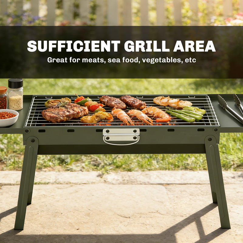 Portable Folding Charcoal Barbecue with Side Shelves for Easy Outdoor Grilling Green Outsunny