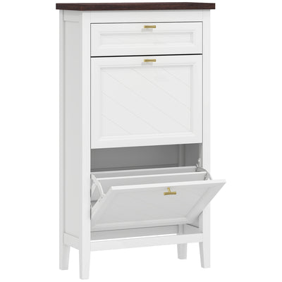 Slim Shoe Storage Cabinet for Narrow Hallways with 2 Flip Drawers and Top Drawer, White Homcom