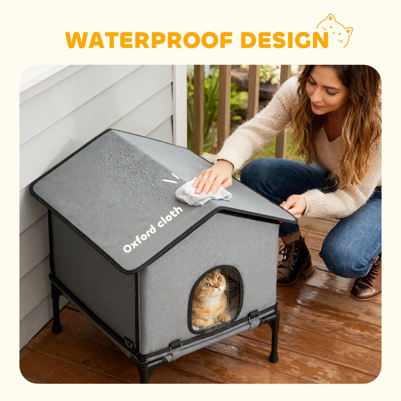Waterproof Insulated Outdoor Cat House with Elevated Base for Feral Cats Grey AOSOM