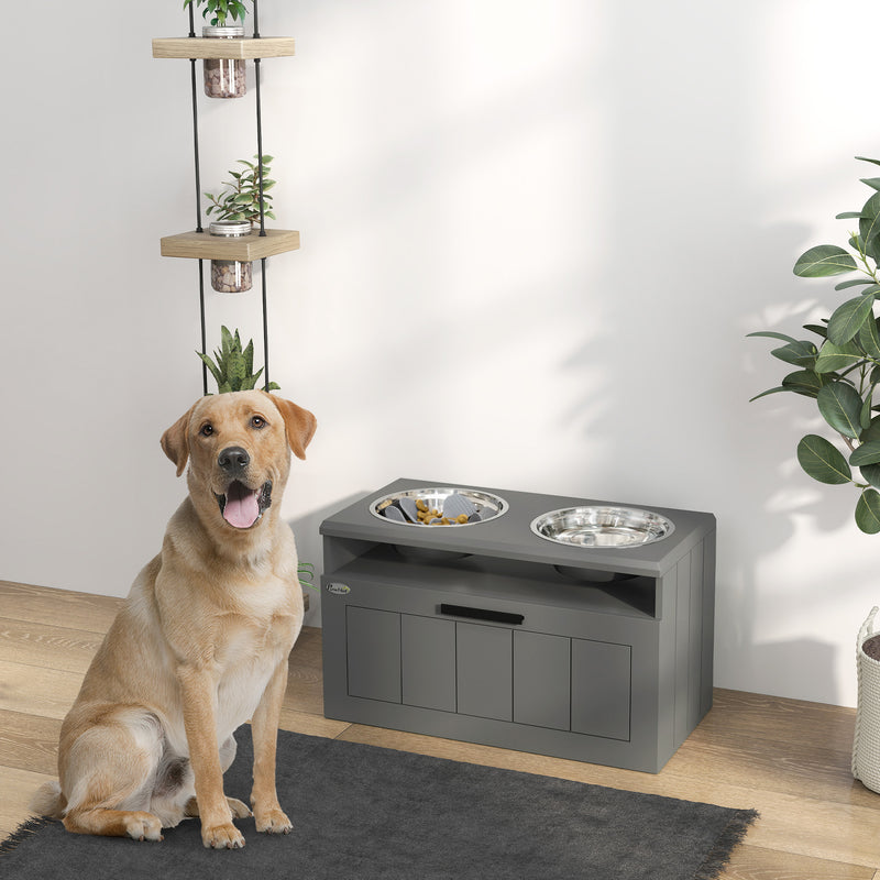 Raised Dog Feeder with Slow Feed Bowls and Storage Drawer for Large Dogs Grey