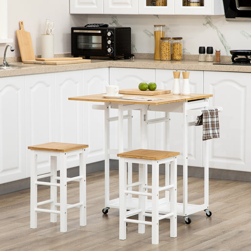 Kitchen Island Trolley with Storage Drawers and Drop Leaf Top with 2 Stools White